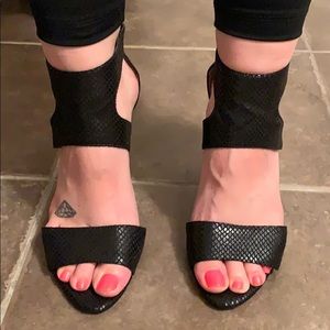 Jessica Simpson embossed black sandal heels.